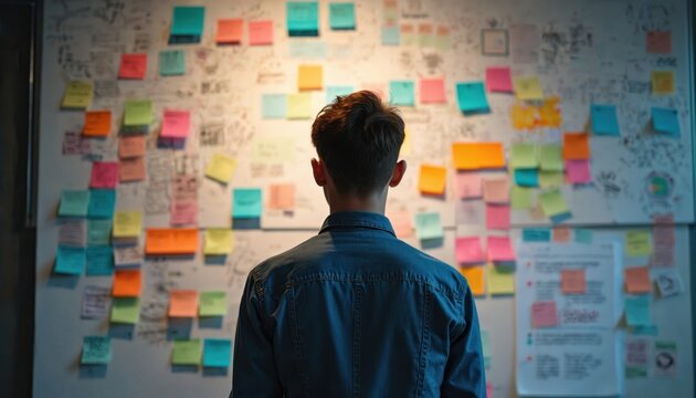 Person looks at a wall with many sticky notes and ideas. Problem solving session or brainstorming. Focus on innovation. Creative people work together to develop solutions. Person considers options.