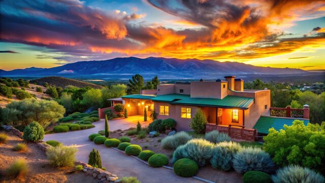 Santa Fe's twilight: Tesuque rooftops blaze, a colorful panorama.