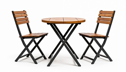 Empty wooden outdoor table, two chairs on transparent background. Modern furniture design for terrace patio. Simple, elegant style. Ideal for cafes, restaurants home decor. Versatile, practical