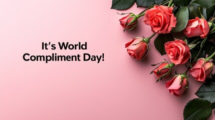 World Compliment Day concept. A bouquet of roses with a message celebrating World Compliment Day on a pink background.