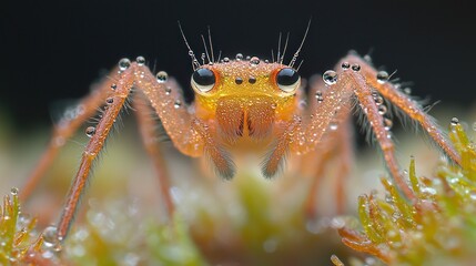 Dew-covered jumping spider on moss, macro shot