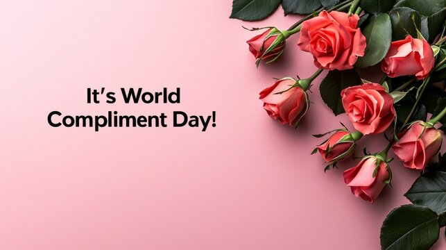 World Compliment Day concept. A bouquet of roses with a message celebrating World Compliment Day on a pink background.