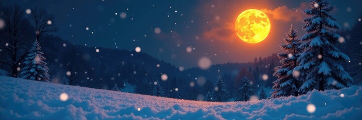 Naklejka premium Snowflakes gently fall amidst a serene winter scene under the full orange moon's warm light, peaceful scene, snowfall