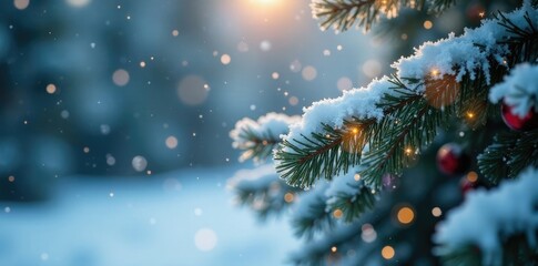 Snowflakes gently falling on a decorated tree, frost, winter, tree