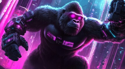 Cybernetic gorilla in neon city.