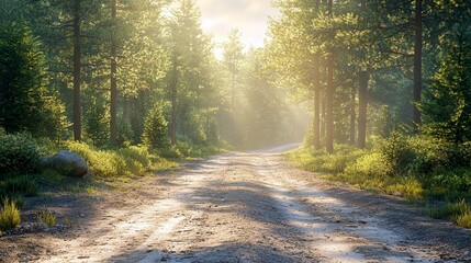 Fototapeta premium Sunlit Forest Path: A Serene Landscape of Golden Hour in a Lush Green Forest