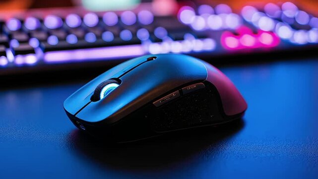 a sleek black computer mouse with ergonomic design, illuminated with a colorful keyboard in the background.