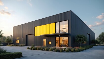 Obraz premium Modern warehouse with small office unit. Exterior shows dark gray metal facade with yellow accents on windows. Well-maintained landscaping surrounds building. Outdoor parking area. Commercial
