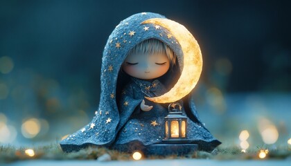 A cute, hooded figurine sits peacefully, cradling a glowing crescent moon and a lit lantern