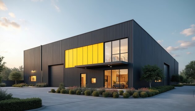 Modern warehouse with small office unit. Exterior shows dark gray metal facade with yellow accents on windows. Well-maintained landscaping surrounds building. Outdoor parking area. Commercial