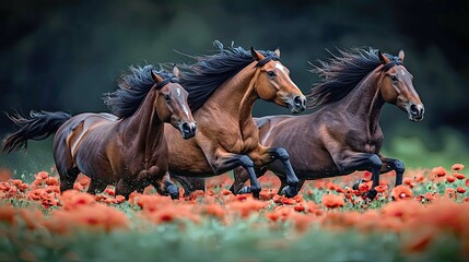Three Majestic Brown Horses Running Through a Vibrant Poppy Field