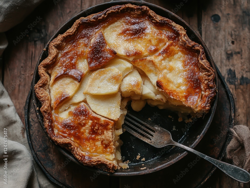 Poster delicious freshly baked apple pie in rustic setting with fork and slice on dark wooden table