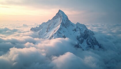 Majestic snowy mountain peak pierces through clouds at sunrise. Alpine scenery with dramatic cloud formations. Snowy mountain summit stands above clouds. Aerial view of nature landscape. Stunning