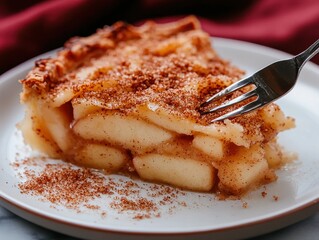 Delicious Freshly Baked Apple Pie Slice Topped with Cinnamon Sugar on a White Plate with Fork Resting on Sweet Dessert
