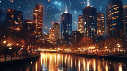 Obraz premium A city at night with a river running through it