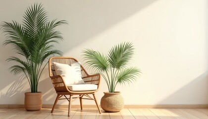 Fototapeta premium Boho minimalist room design with wicker chair, tropical plants. Sunlight casts shadows on beige walls, light wooden floors. Peaceful indoor space. Stylish furniture, plants create relaxing home