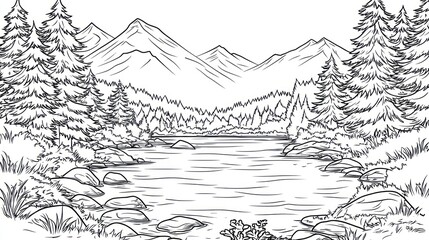 Mountain lake serene landscape, nature drawing, peaceful scenery, coloring book page
