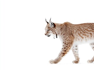 Fototapeta premium Elegant Eurasian Lynx striding across a pristine white winter landscape