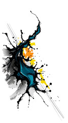 Naklejka premium Abstract colorful splash with black, blue, and yellow elements on light gray background