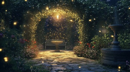 A garden with a bench and a fountain