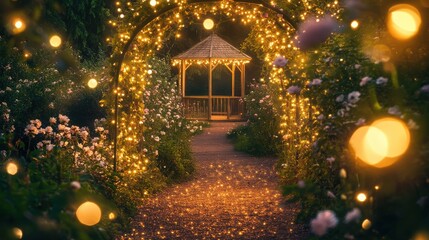 A garden path with a gazebo and a walkway leading to it