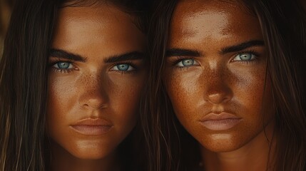 Close up portrait of two women with expressive faces and glistening skin, showcasing intense gazes
