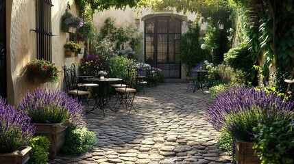 A courtyard with a stone walkway and a garden with purple flowers