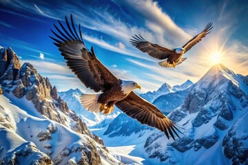 Obraz premium Snow-capped peaks, a soaring eagle: stunning wildlife photography, high-definition wallpaper.