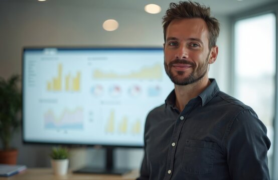 Businessman presenting digital marketing strategy to clients. Live data analytics, performance metrics displayed on monitor. Business discussion in modern office. Modern data driven marketing