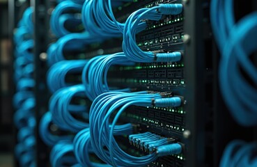 Network cables organized in server room. Blue cables connect to rack of servers. Tech equipment neat, well-organized. Data flow control system shows precision, efficiency. Modern tech infrastructure.