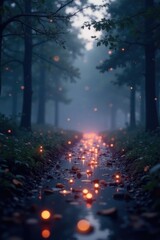 Naklejka premium Twinkling lights amidst a hazy twilight scene, mystical atmosphere, soft refraction, ambient sparkle