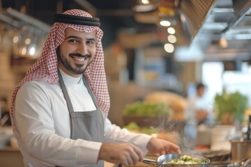 Man chef cook at kitchen smiling