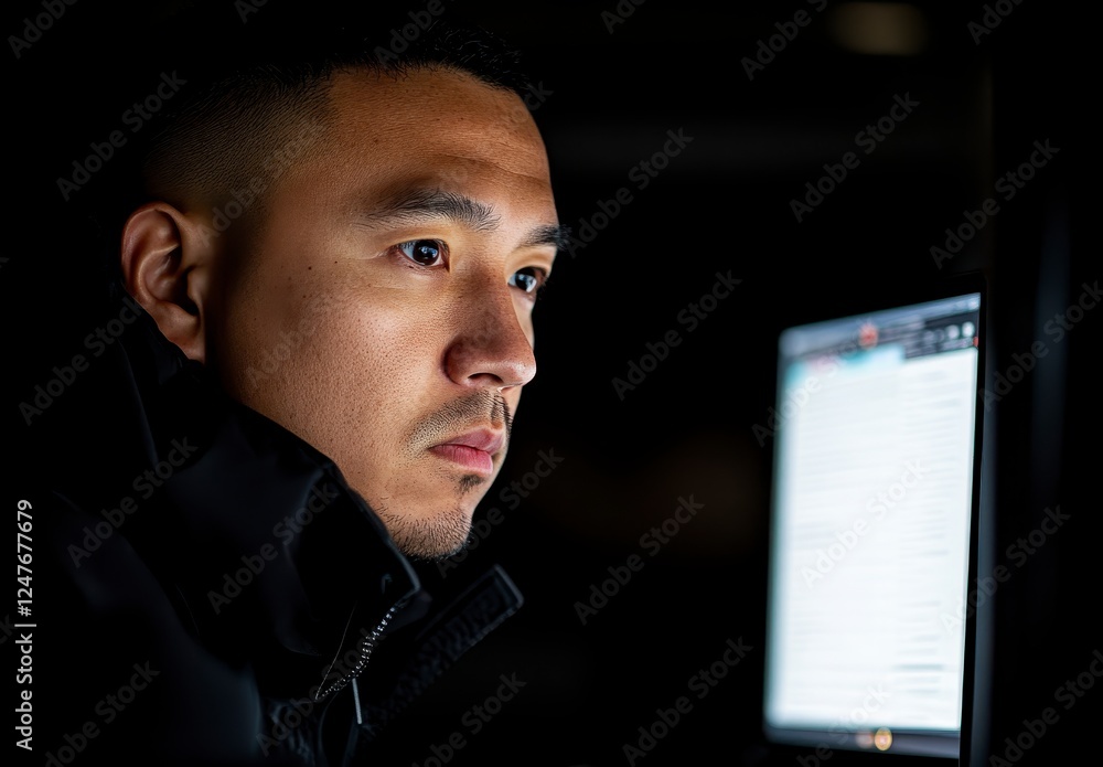 Poster close up of a person intently focused on a computer screen in a dark room, illuminated only by the s