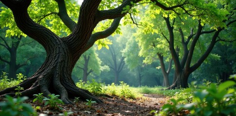 Naklejka premium Twisted, gnarled tree branches in a forest clearing, tree structures, gnarled limbs, nature's growth