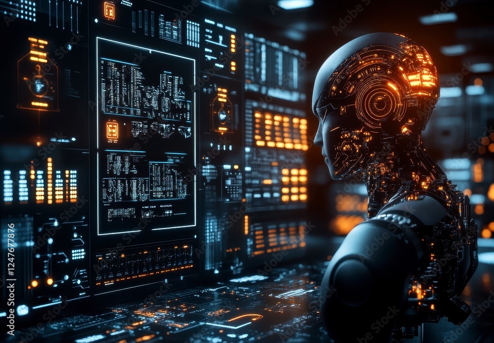 Poster digital art of a futuristic robotic figure working at a console with glowing displays. orange and bl