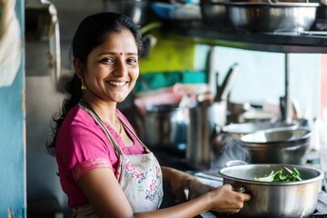 Woman chef cook at kitchen smiling