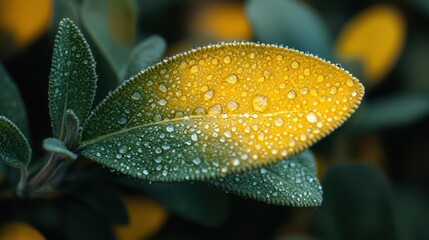 Dew-covered sage leaf, garden backdrop, nature photography, website banner