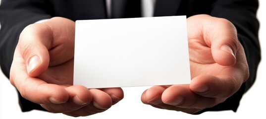 Close up of hands holding a blank business card, centered on a plain white background, natural lighting style, hands outstretched showing a blank