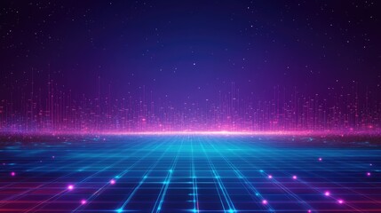 Fototapeta premium Abstract digital landscape with glowing grid and particles.