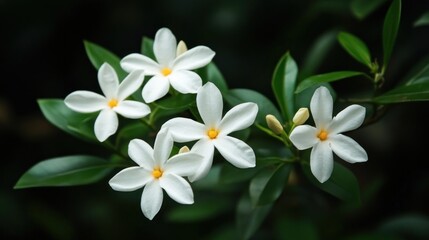 Fototapeta premium Serene White Flowers in Dark Green Foliage: A Close-Up of Delicate Blooms