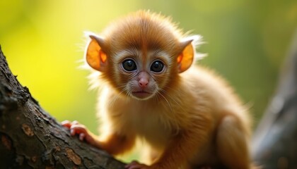 Fototapeta premium Adorable baby golden tamarin monkey in jungle. Infant mammal sits on tree branch. Wild animal in natural habitat. Cute, small. Intelligent, curious face. Focus on details. Natural lighting,