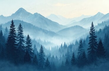 Misty forest landscape tall trees against backdrop of rolling mountains. Peaceful, serene ambiance. Nature lovers appreciate tranquil scenes. Wallpaper poster. Beautiful nature. Inspiring image. Calm