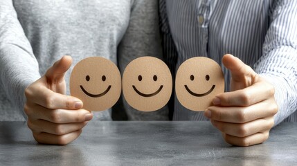World Compliment Day concept. Two hands hold three smiley face cards on a table, symbolizing positivity and connection.