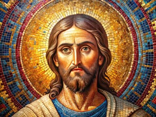 Stunning, detailed mosaic depicting Jesus' Sacred Heart; ancient Christian art in high-resolution for religious wall decor.