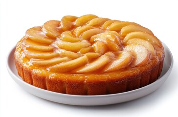 Fototapeta premium Delicious homemade caramelized apple cake with glossy glaze and fresh apple slices arranged beautifully on a white plate ready to serve and enjoy
