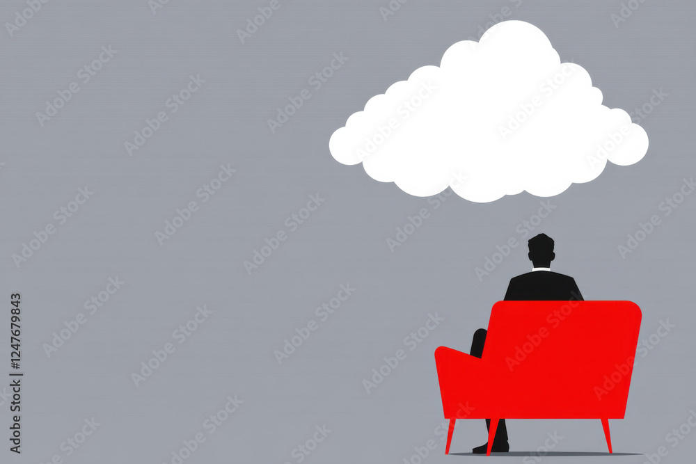 Poster a man is sitting on a red couch in front of a large cloud