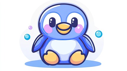 Obraz premium Adorable cartoon penguin illustration, sitting, smiling, blue, cute, happy.