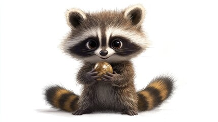 Obraz premium Adorable cartoon raccoon holding a golden ball, isolated on white background.