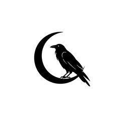 Black Raven Perched on Crescent Moon Symbol Silhouette Design