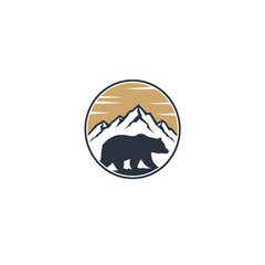 Bear Silhouette with Mountain Background in Minimalistic Badge Design
